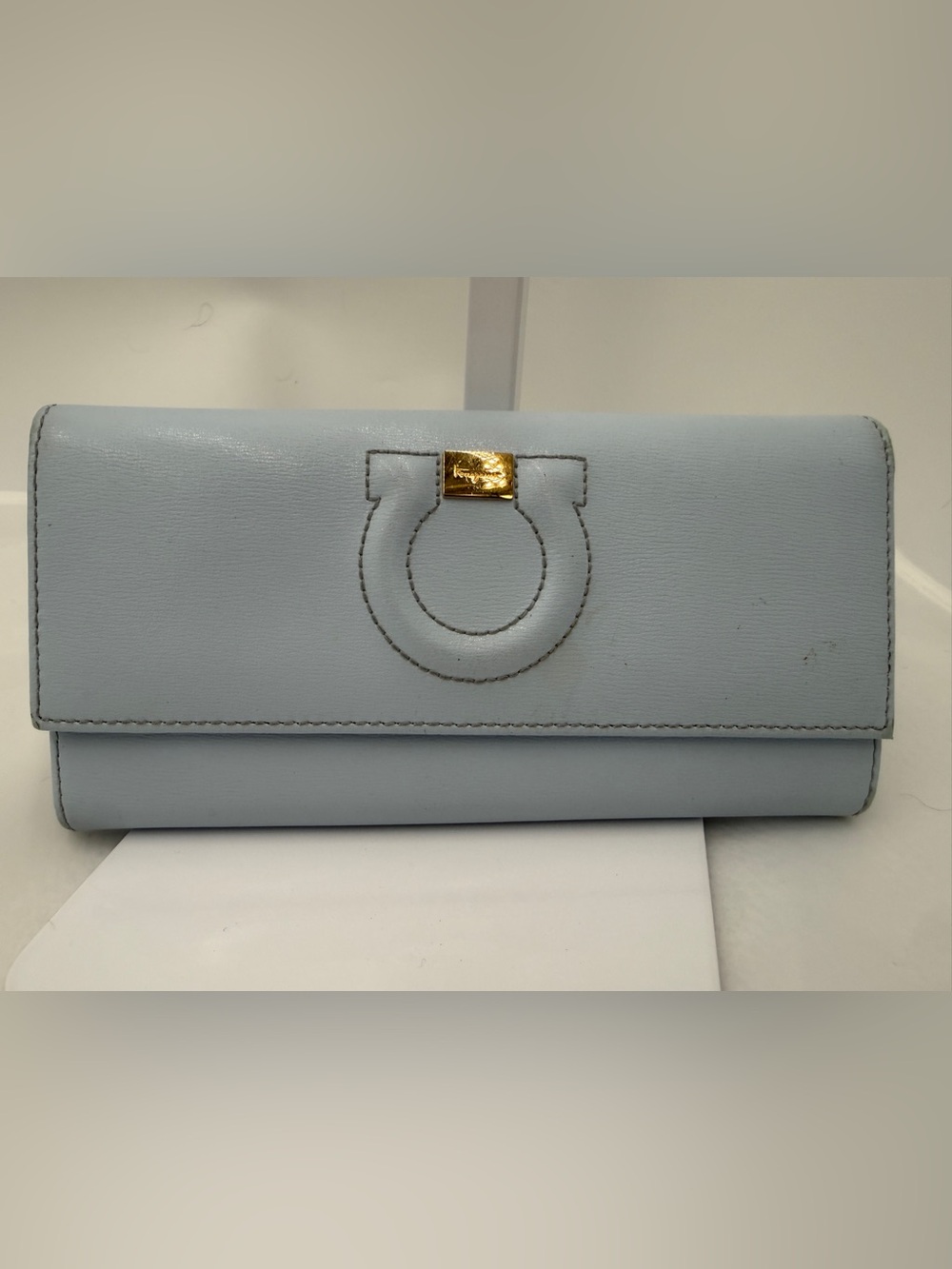 Salvatore Ferragamo Light Blue Leather Clutch with Gancini Detail
